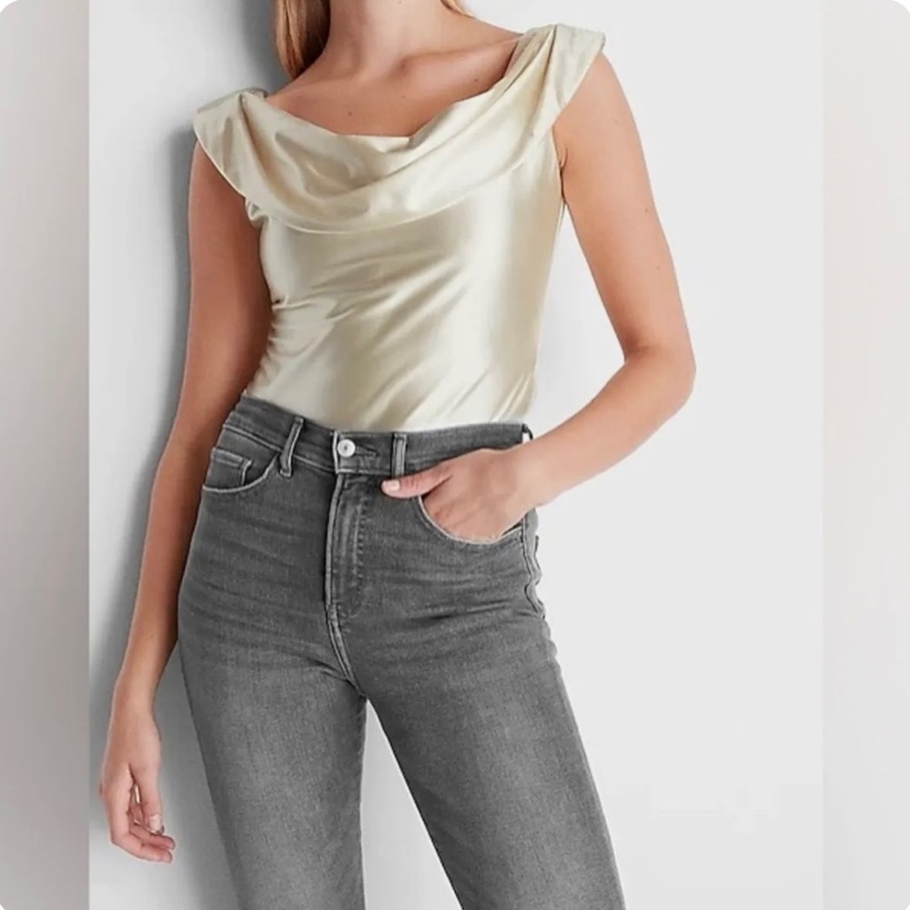 Satin Off The Shoulder Thong Bodysuit in cream color